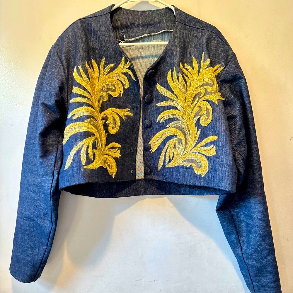 Handmade denim jacket with gold embroidery